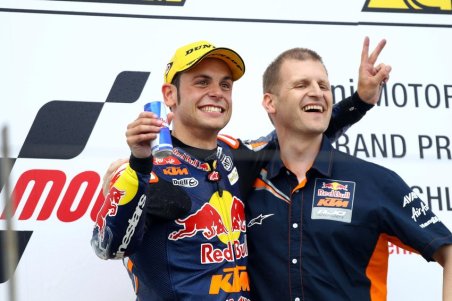 GEPA-08071298108 - OBERLUNGWITZ,GERMANY,08.JUL.12 - MOTORSPORT - MotoGP, Grand Prix of Germany, Sachsenring, Moto3. Image shows Sandro Cortese (GER) and Aki Ajo (KTM). Keywords: award ceremony, podium. Photo: GEPA pictures/ Gold and Goose/ David Goldman - For editorial use only. Image is free of charge.